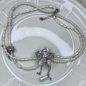 Unique! Handmade Freshwater Blue Luster Flower 🌺 Keshi Pearl Double Necklace